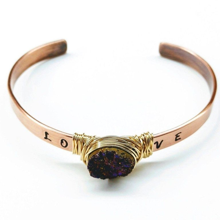 Love Stamped Gold Wire Wrapped Purple Druzy Copper Cuff - Multi