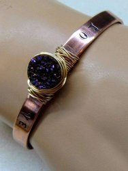 Love Stamped Gold Wire Wrapped Purple Druzy Copper Cuff