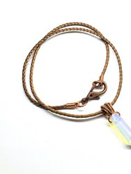 Men's Rustic Wire Wrapped Pointed Gemstone Crystal Leather Necklace - Luminescent - Opalite Glass