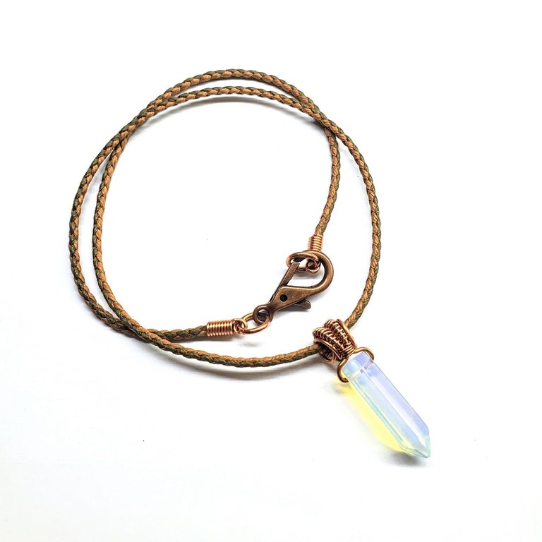 Men's Rustic Wire Wrapped Pointed Gemstone Crystal Leather Necklace - Luminescent - Opalite Glass