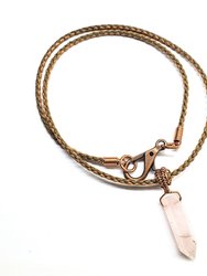 Men's Rustic Wire Wrapped Pointed Gemstone Crystal Leather Necklace - Rose-Rose Quartz