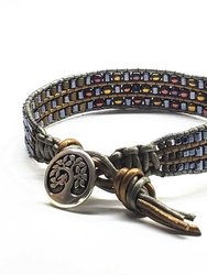 Mens Tree of Life Earth Colored Intricate Bead Work Leather Wrap Bracelet - Multi