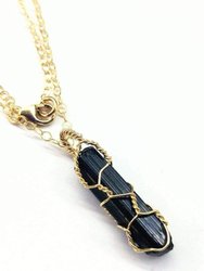 Messy Gold Wire Wrapped Black Tourmaline Pointed Crystal Pendant - Multi