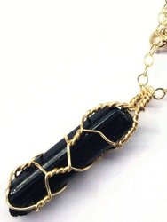 Messy Gold Wire Wrapped Black Tourmaline Pointed Crystal Pendant