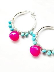 Pink and Turquoise Silver Wire Wrap Hoop Earrings