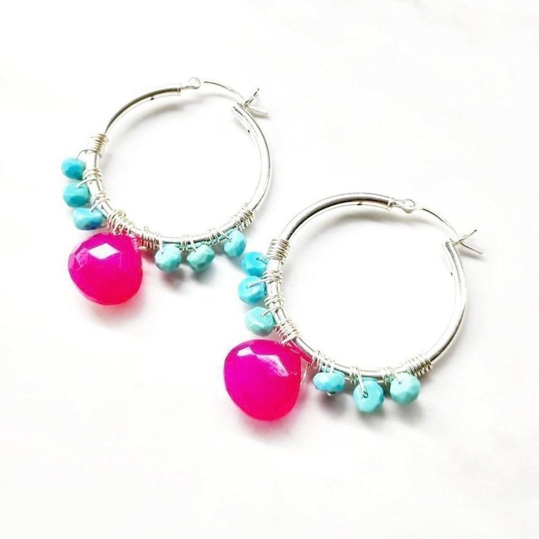Pink and Turquoise Silver Wire Wrap Hoop Earrings