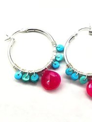 Pink and Turquoise Silver Wire Wrap Hoop Earrings - Multi