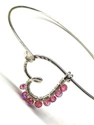 Pink Crystal Wire Wrapped Heart Bangle in Sterling Silver - Silver