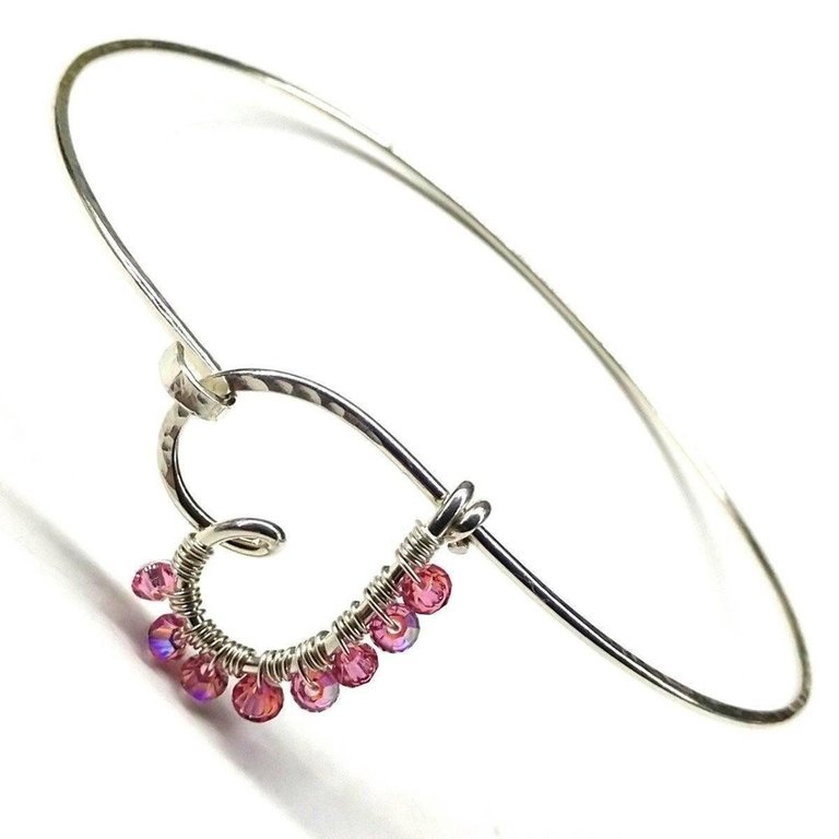 Pink Crystal Wire Wrapped Heart Bangle in Sterling Silver - Silver