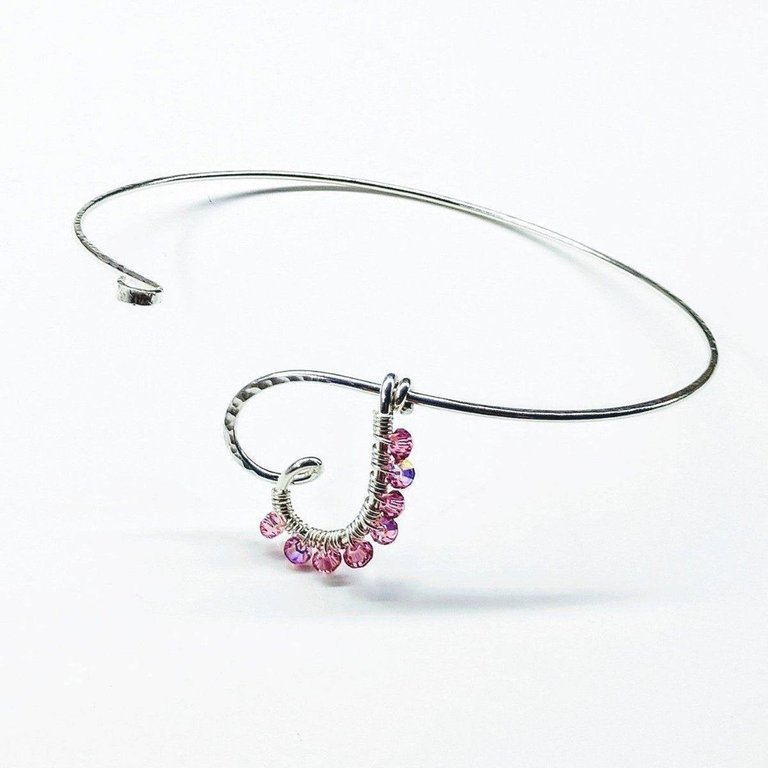 Pink Crystal Wire Wrapped Heart Bangle in Sterling Silver