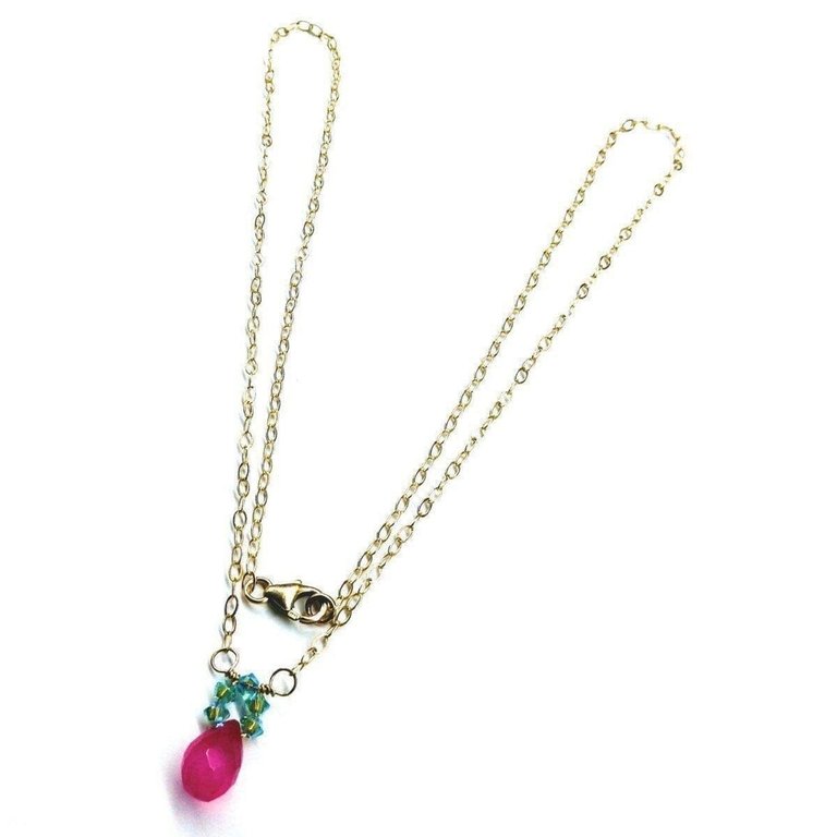 Pink Gemstone Drop and Turquoise Crystal 14 K Gold Filled Necklace