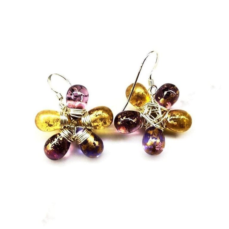 Purple and Yellow Flower Sterling Silver Earrings - Multi