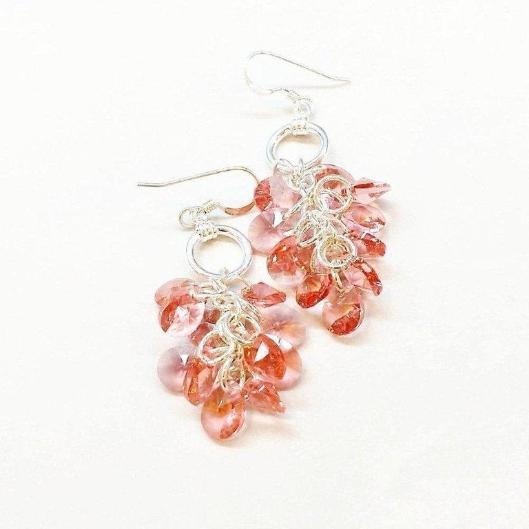 Rose Peach Crystal Sterling Silver Cluster Earrings - Rose Peach