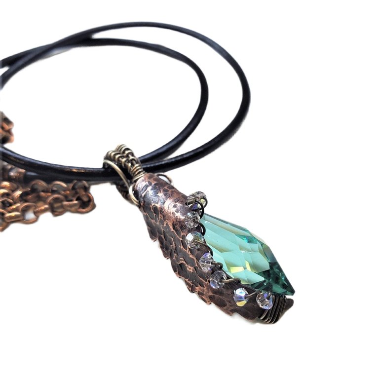 Sculpted Wire Wrap Copper Angel Wing Crystal Teardrop Necklace - Multi