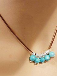Silver Green Blue Shell Bead Charm Leather Necklace