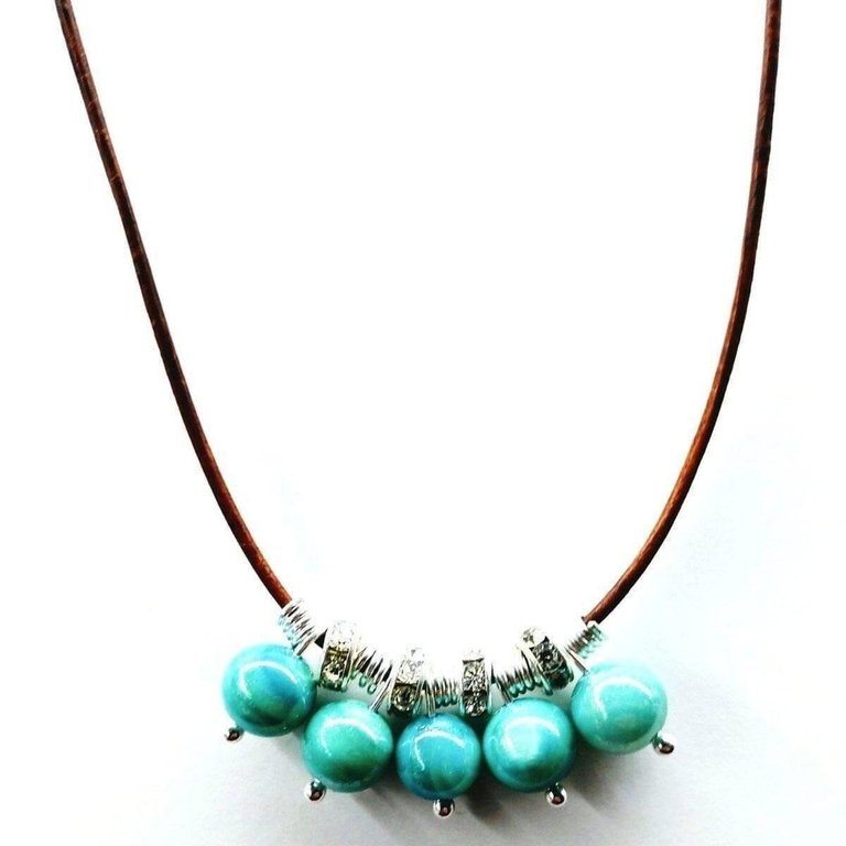 Silver Green Blue Shell Bead Charm Leather Necklace