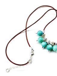 Silver Green Blue Shell Bead Charm Leather Necklace - Multi