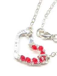 Silver Red Crystal Hammered Heart Necklace