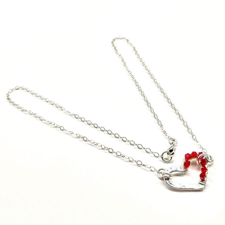 Silver Red Crystal Hammered Heart Necklace - Silver Red