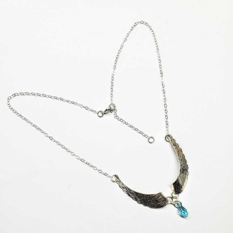 Silver Sculpted Angel Wings Crystal Drop Necklace - Aqua Crystal Drop