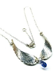 Silver Sculpted Angel Wings Crystal Drop Necklace - Purple Crystal Drop