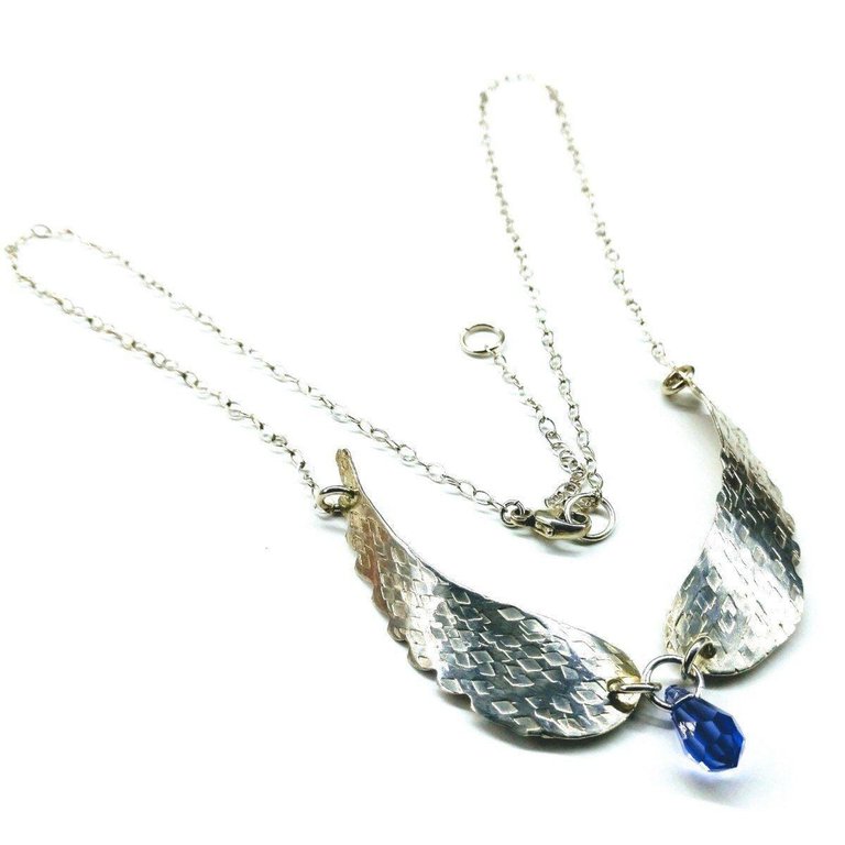 Silver Sculpted Angel Wings Crystal Drop Necklace - Purple Crystal Drop