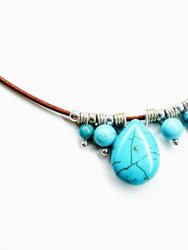 Silver Turquoise Drop Bead Charm Leather Necklace