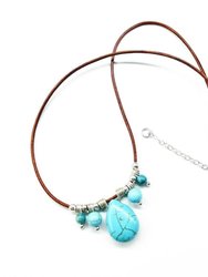 Silver Turquoise Drop Bead Charm Leather Necklace