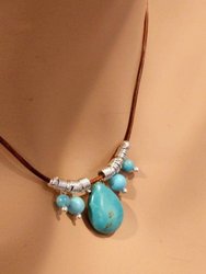 Silver Turquoise Drop Bead Charm Leather Necklace