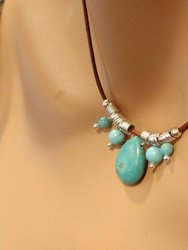 Silver Turquoise Drop Bead Charm Leather Necklace