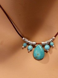 Silver Turquoise Drop Bead Charm Leather Necklace