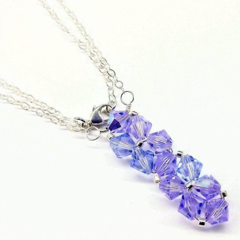 Silver Vertical Beaded Crystal Bar Necklace - Violet