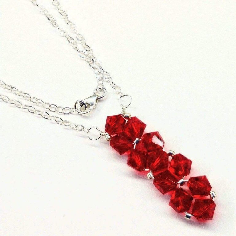 Silver Vertical Beaded Crystal Bar Necklace - Red