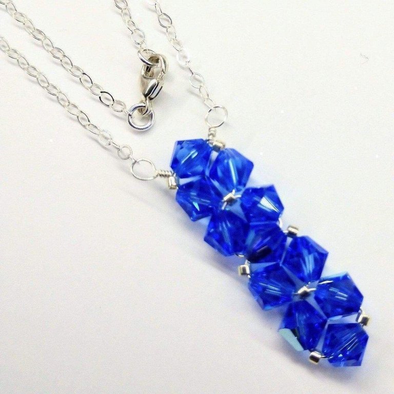 Silver Vertical Beaded Crystal Bar Necklace - Blue