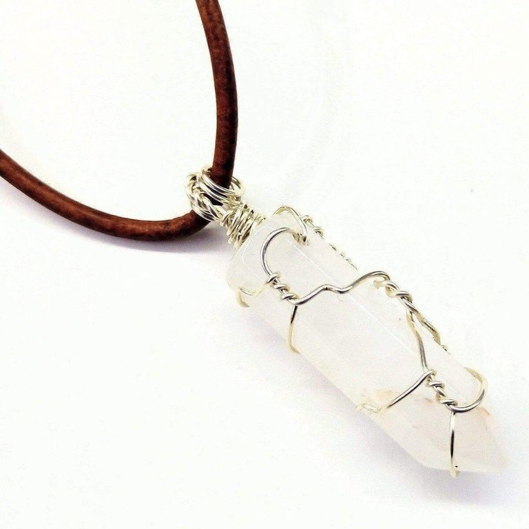 Silver Wire Wrapped Encased Gemstone Crystal Point Pendant - White  Quartz