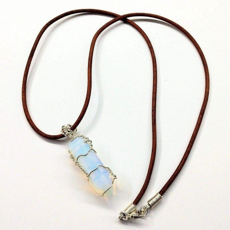 Silver Wire Wrapped Encased Gemstone Crystal Point Pendant - Blue  Opalite