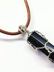 Silver Wire Wrapped Encased Gemstone Crystal Point Pendant - Black  Jade