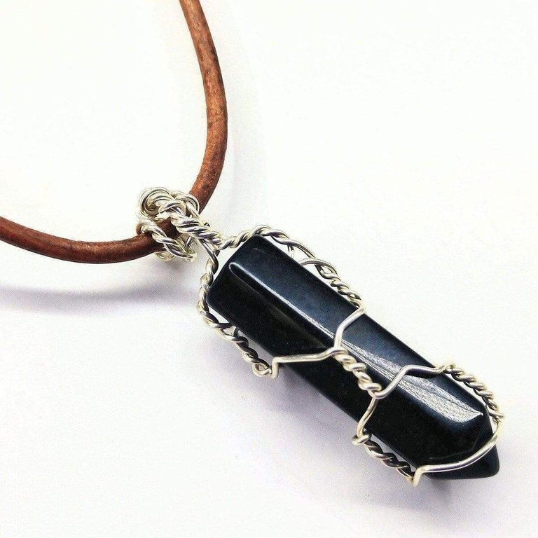 Silver Wire Wrapped Encased Gemstone Crystal Point Pendant - Black  Jade