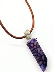 Silver Wrapped Purple Dyed Crackle Agate Point Leather Necklace
