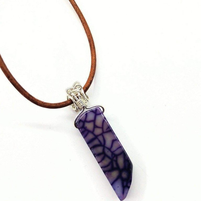 Silver Wrapped Purple Dyed Crackle Agate Point Leather Necklace