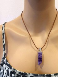 Silver Wrapped Purple Dyed Crackle Agate Point Leather Necklace