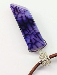 Silver Wrapped Purple Dyed Crackle Agate Point Leather Necklace