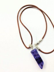 Silver Wrapped Purple Dyed Crackle Agate Point Leather Necklace - Multi