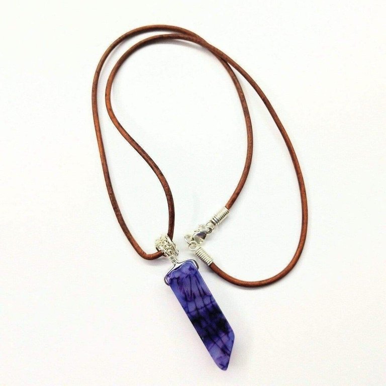 Silver Wrapped Purple Dyed Crackle Agate Point Leather Necklace - Multi
