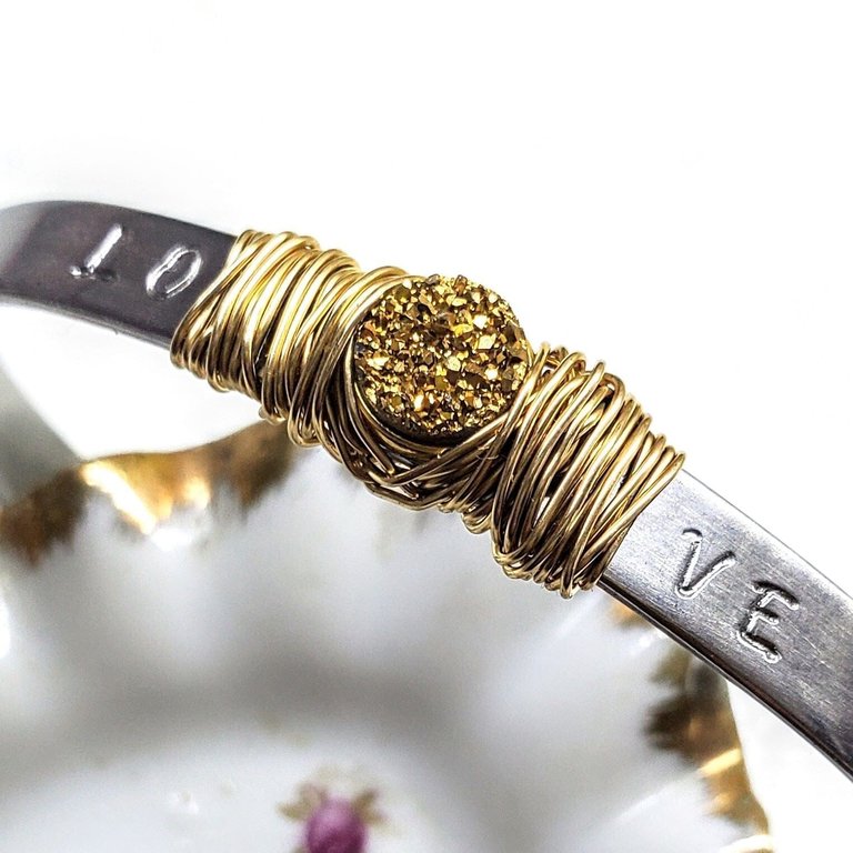 Stainless Steel Love Stamped Gold Druzy Cuff