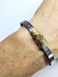 Stainless Steel Love Stamped Gold Druzy Cuff - Silver