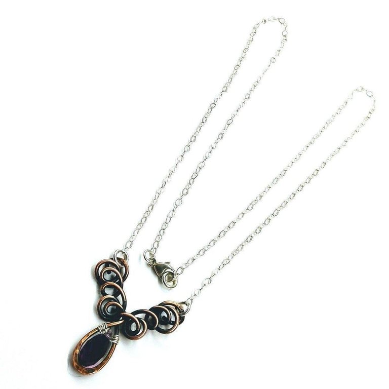 Sterling Silver and Copper Wire Sculpted Amethyst Crystal Drop Necklace