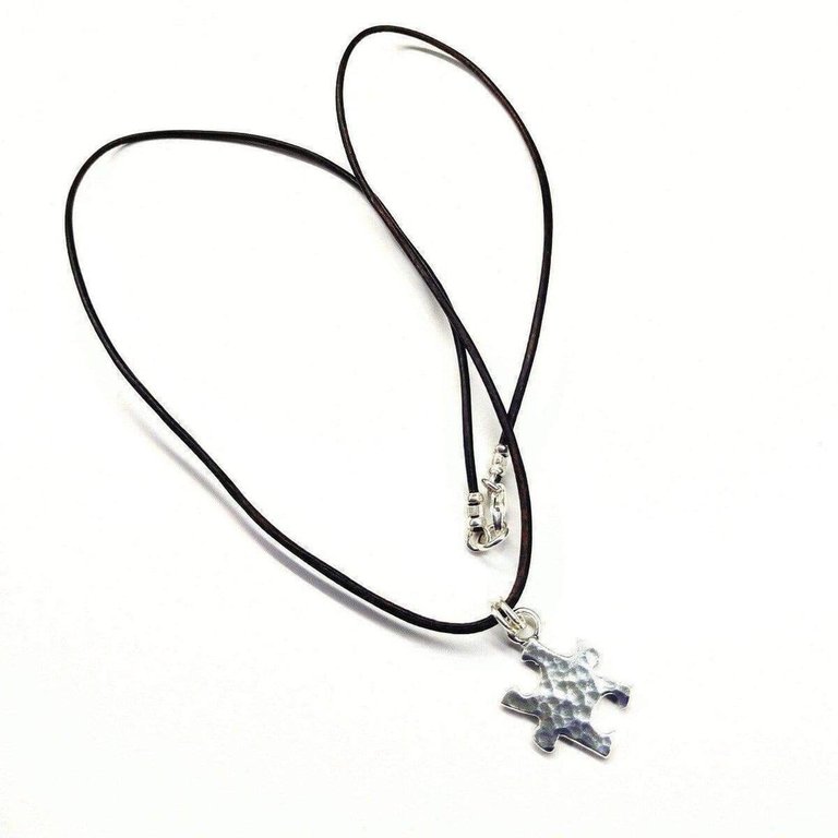 Sterling Silver Autism Awareness Puzzle Piece Leather Necklace - Multi