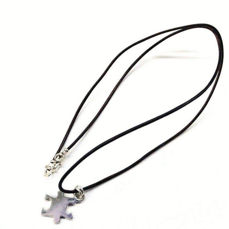 Sterling Silver Autism Awareness Puzzle Piece Leather Necklace
