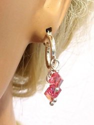 Sterling Silver Hoop Pink Crystal Dangle Earrings
